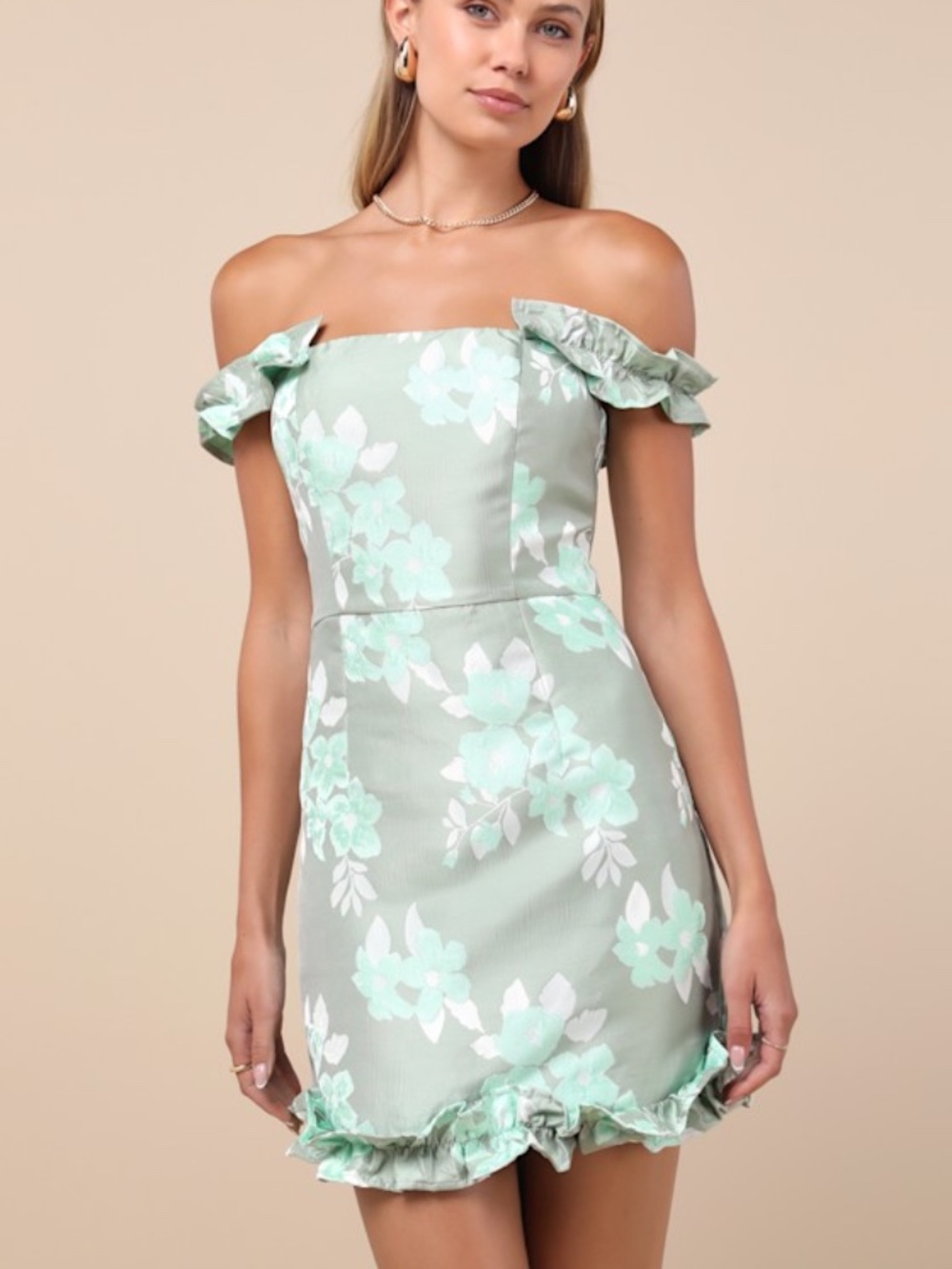 Lulus Pop The Bottle Sage Green Floral Jacquard Ruffled Mini Dress - Size XS